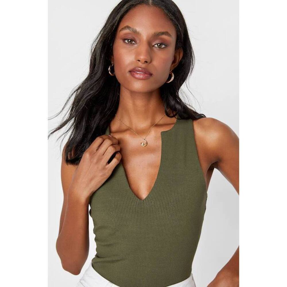 Lulus Trendy Endeavor Olive Green Ribbed Notched Tank Top - Size L